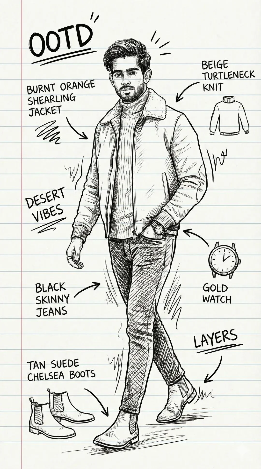 Fun OOTD Fashion Collage Breakdown, 9:16 Aspect Ratio, Paper Scribble Aesthetic with Hand-Drawn Arrows, Doodle