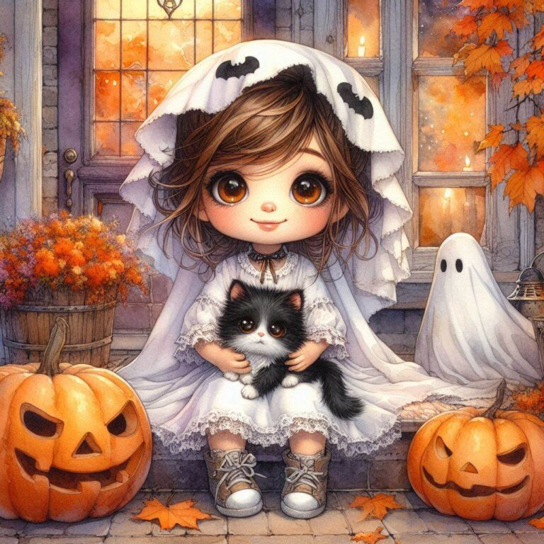 Cute Girl in Ghost Costume with Kittens