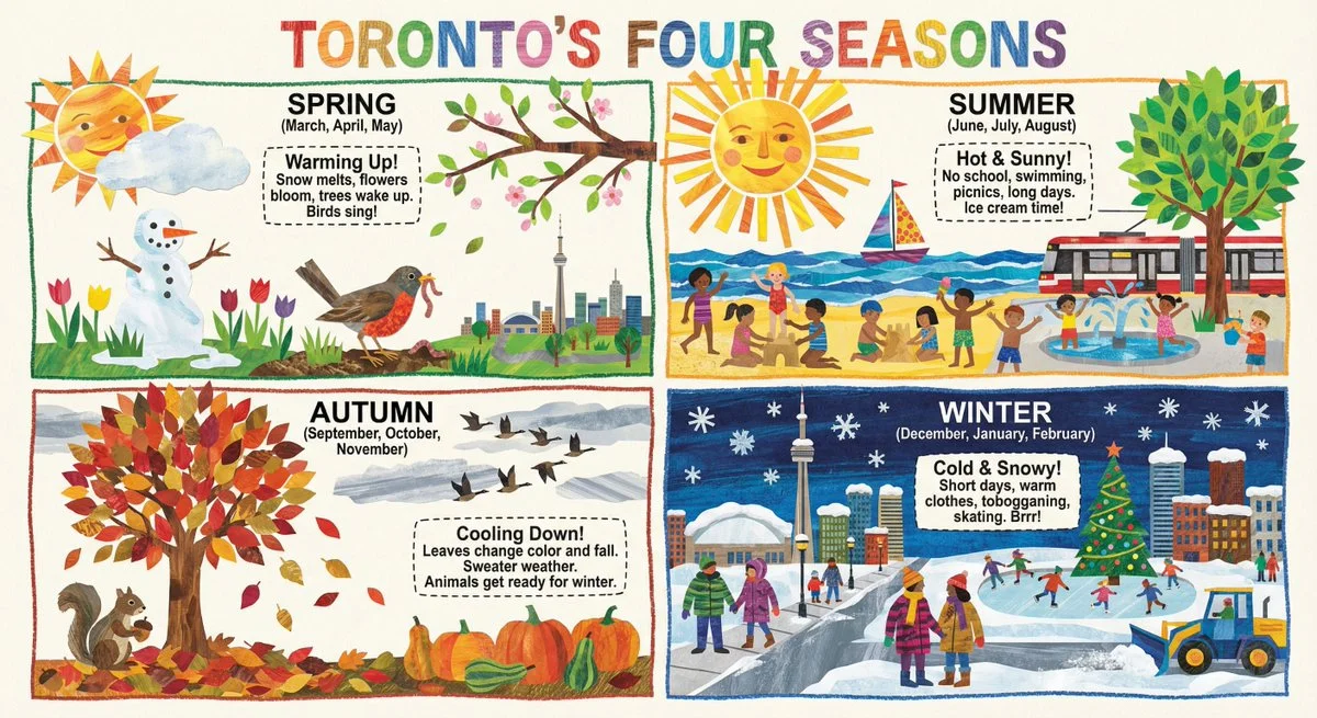 Generate a detailed infographic explaining the 4 seasons as experienced in Toronto, Canada, for a grade 3 clas