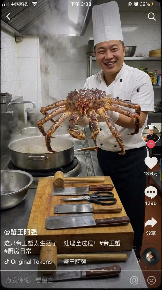 Generate a TikTok Vertical Short Video Screenshot of King Crab Cooking Process