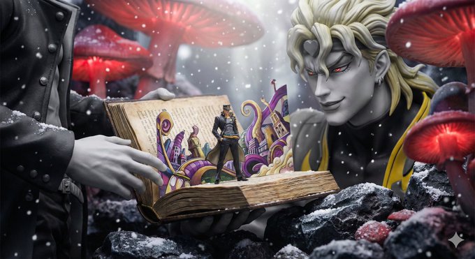 Giant Character Examining Old Book with Miniature World Illustration