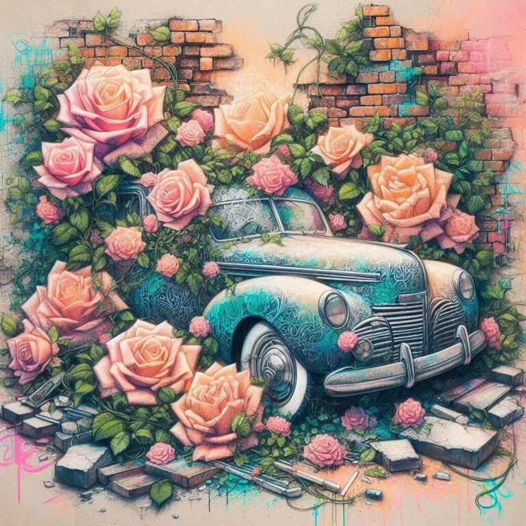 Vibrant Roses on Broken Brick Wall