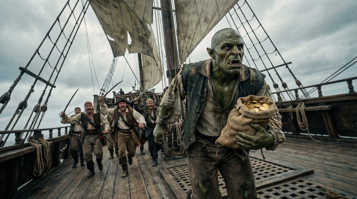 Green Orc Sprints with Gold Coins on Pirate Ship