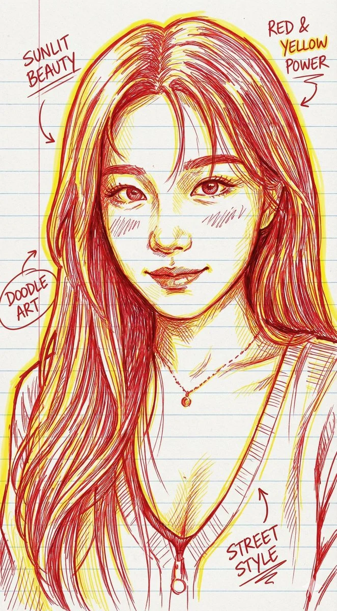 Hand-Drawn Portrait Illustration in Red and Yellow Pen