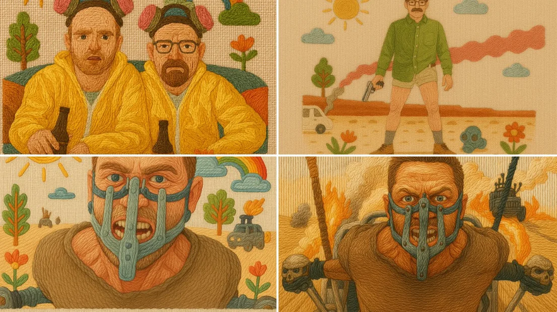 Handcrafted Embroidery Illustration with Colorful Threads on Linen