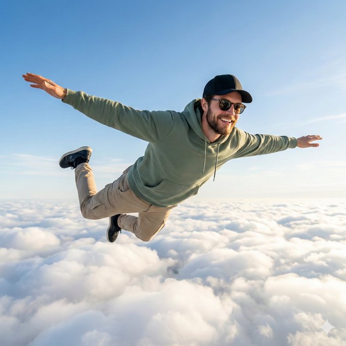 Happy Young Man Flying Above Clouds