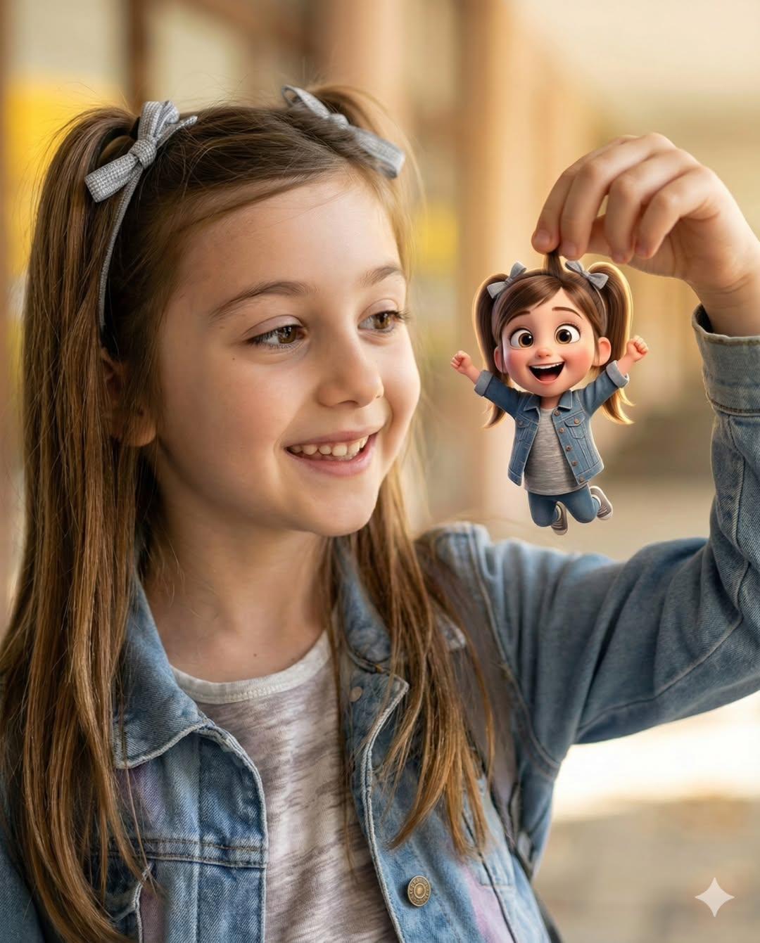 Heartwarming Whimsical Portrait: Real Girl with Pixar-Style Miniature