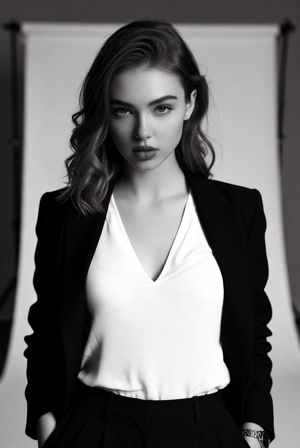 High-Contrast Black-and-White Fashion Portrait of a Stylish Young Woman
