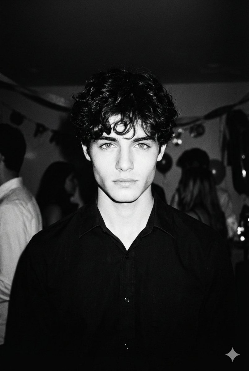 High-contrast black and white photo, dark academia bad boy