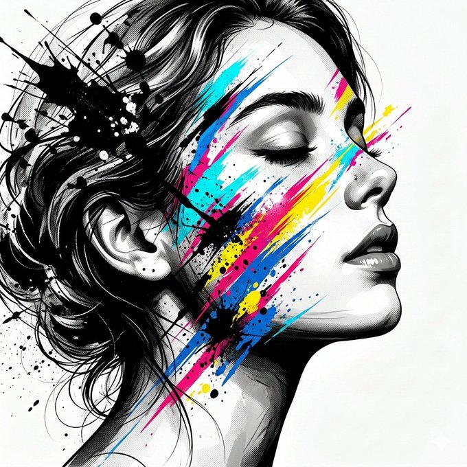 High Contrast Black and White Portrait with Colorful Paint Splashes