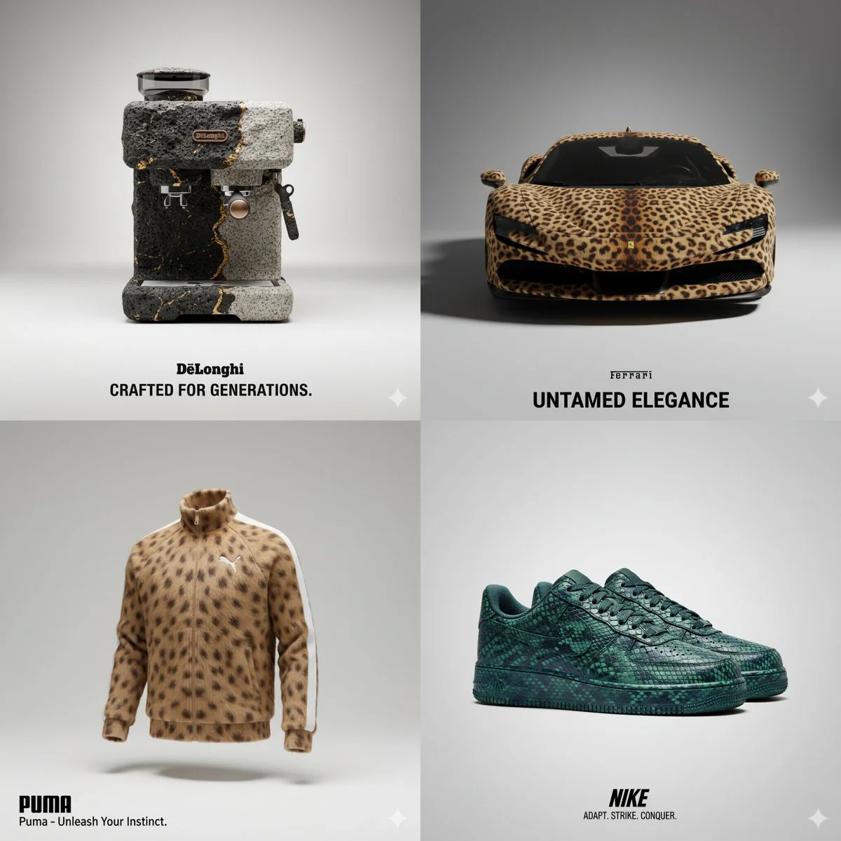 High-Quality Studio Photo of [BRAND] with Ultra-Realistic [ANIMAL] Texture, Soft Neutral Background