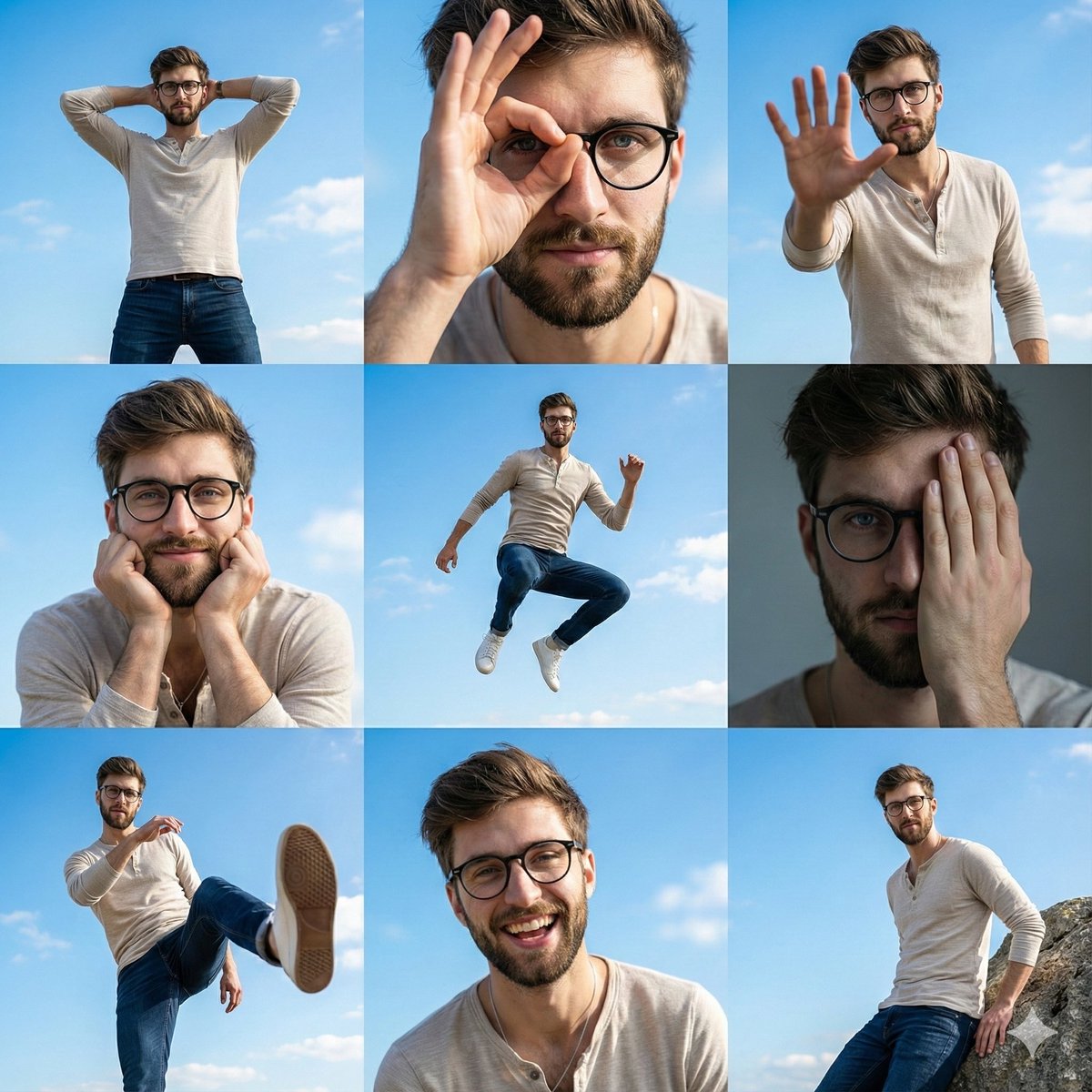 High-resolution 3x3 grid photo collage with dynamic poses