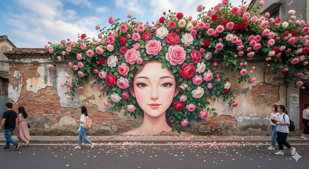 High-resolution Street Art with Chinese Style, Dreamy Street Scene with Cartoon Female and Rose Crown