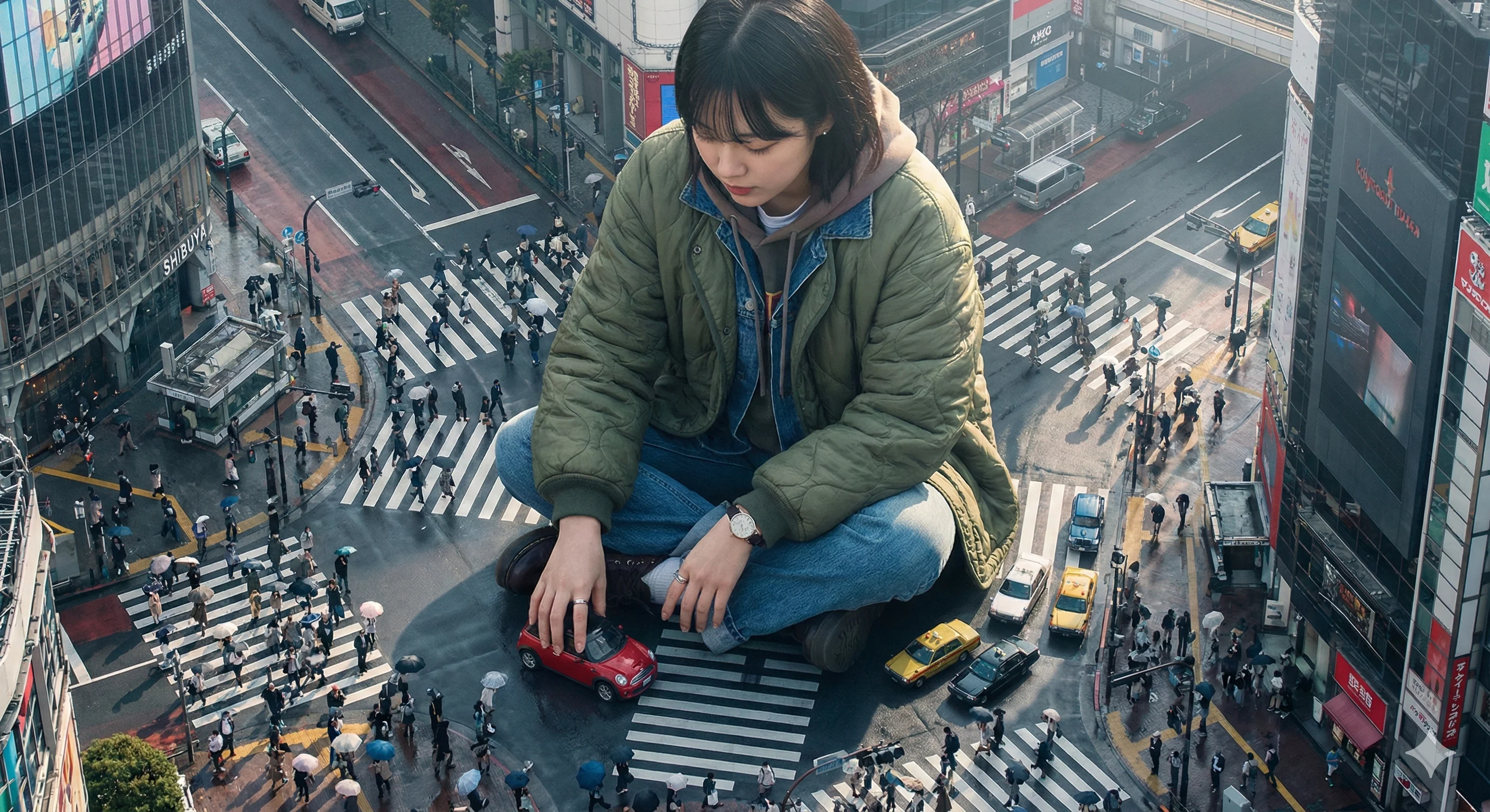 Highly Detailed Photorealistic Aerial Shot of a Colossal Korean Young Woman in Tokyo Street
