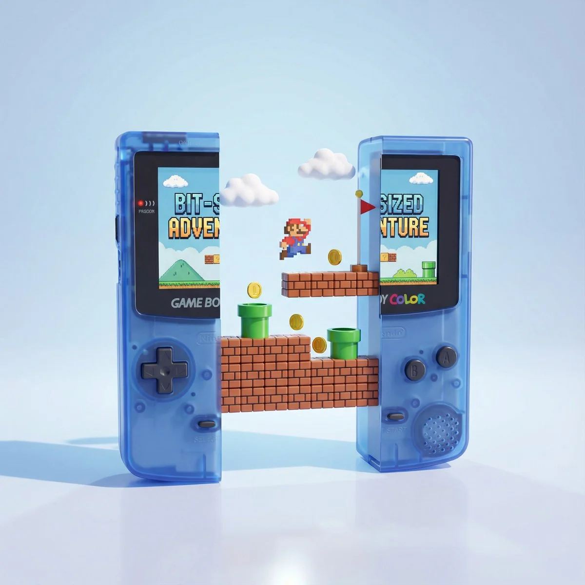 Highly Polished 3D Render of Classic Handheld Game Console with Floating Platform World