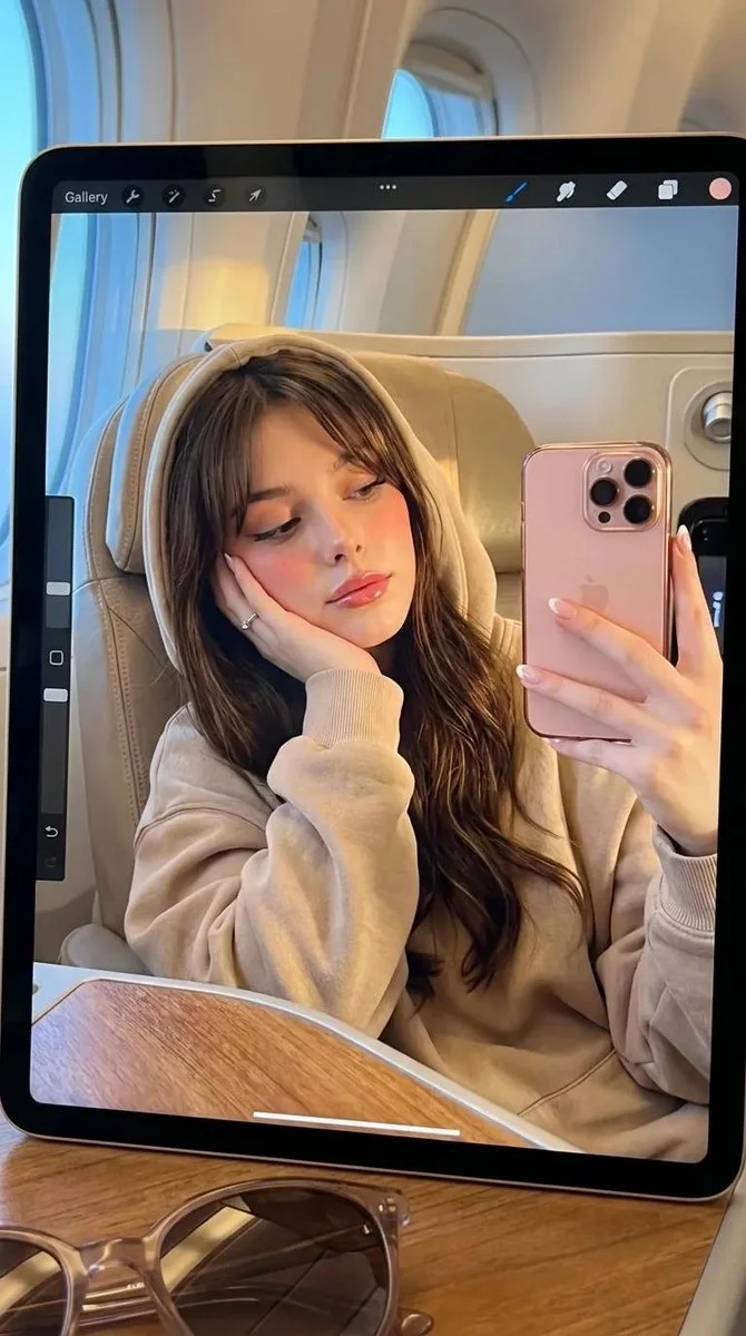 Highly Realistic Scene of a Fair-Skinned Woman's Reflection on an iPad in an Airplane Cabin