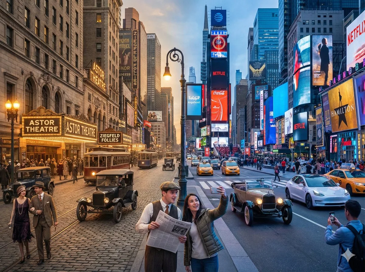 Horizontal Split-Screen Cinematic Shot of Times Square, New York in the 1920s and Present Day