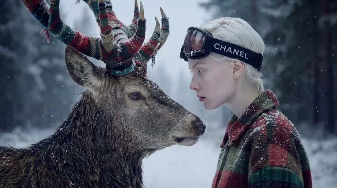 Hyper-realistic 8K Surreal Winter Fantasy Portrait of a Young Ethereal Woman with a Majestic Deer in a Snowy F