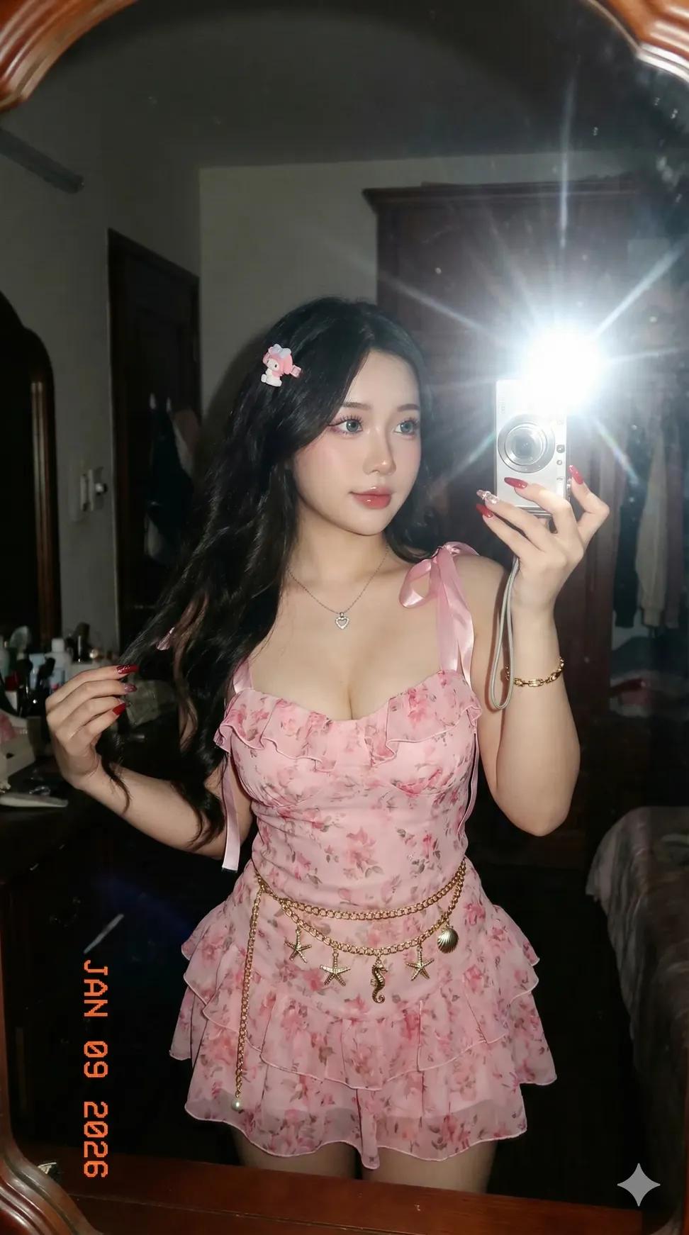 Hyper-realistic Asian woman portrait, pink floral dress, vintage camera selfie