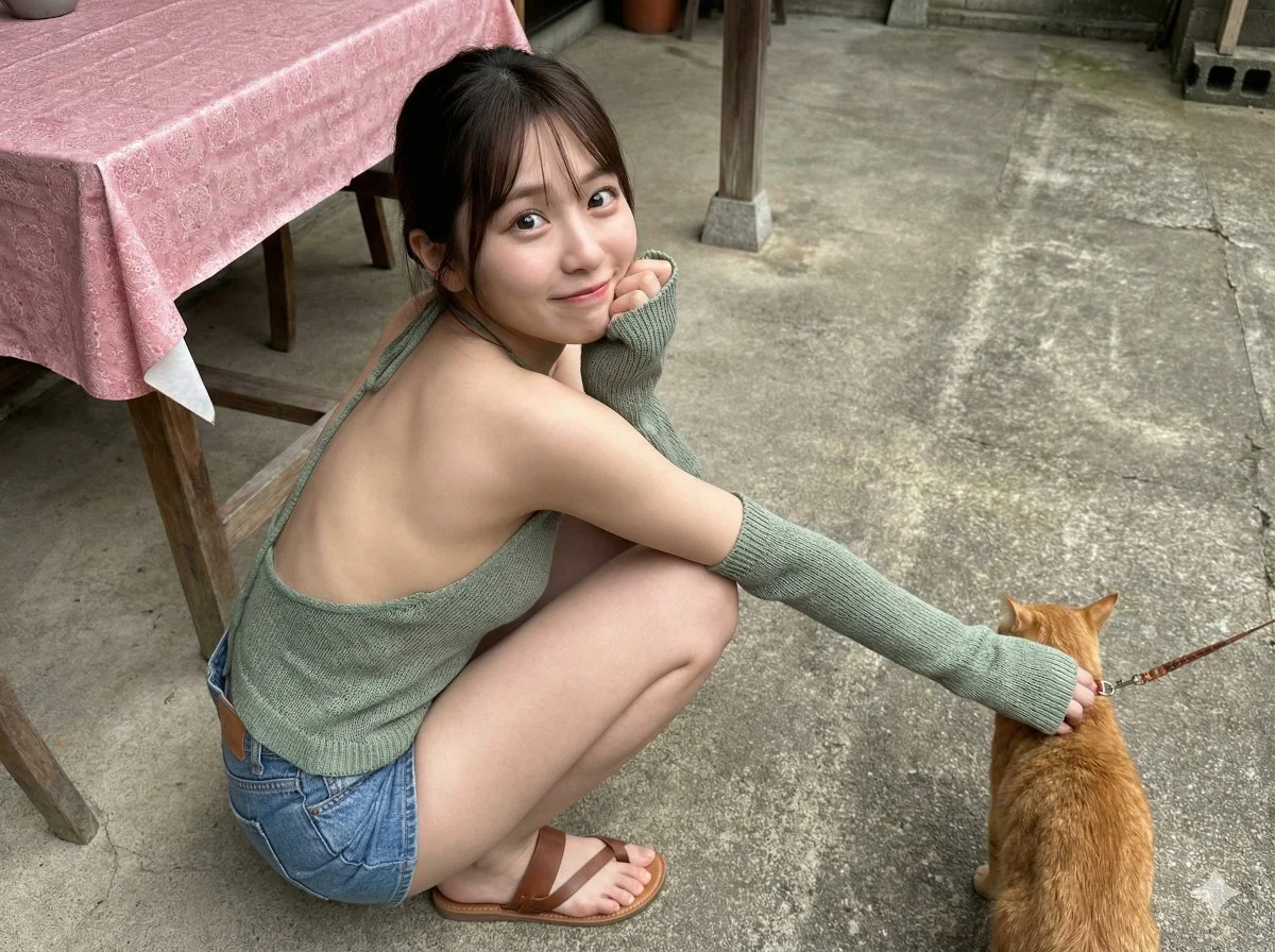 Hyper-Realistic Capture: Young Asian Girl's Courtyard Moment