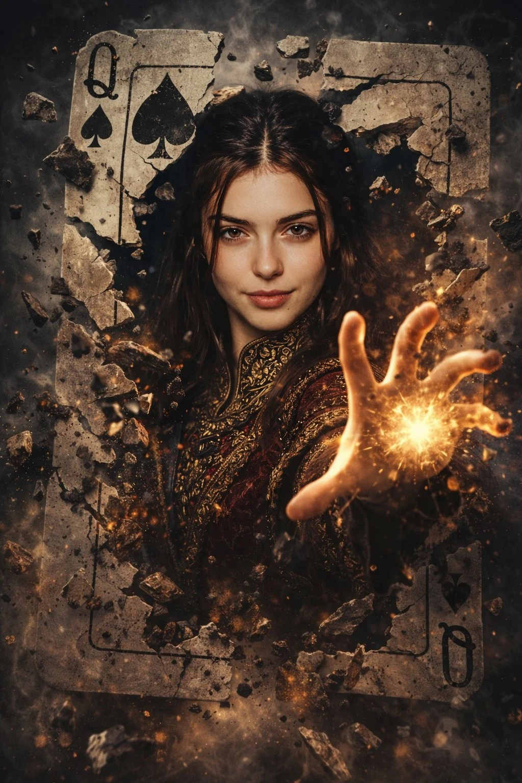 Hyper-Realistic Cinematic Movie Poster of a Powerful Female Sorcerer Bursting Through a Cracked Queen of Spade