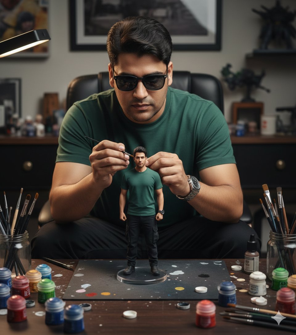 Hyper-realistic Cinematic Scene: Man Painting Miniature Figure