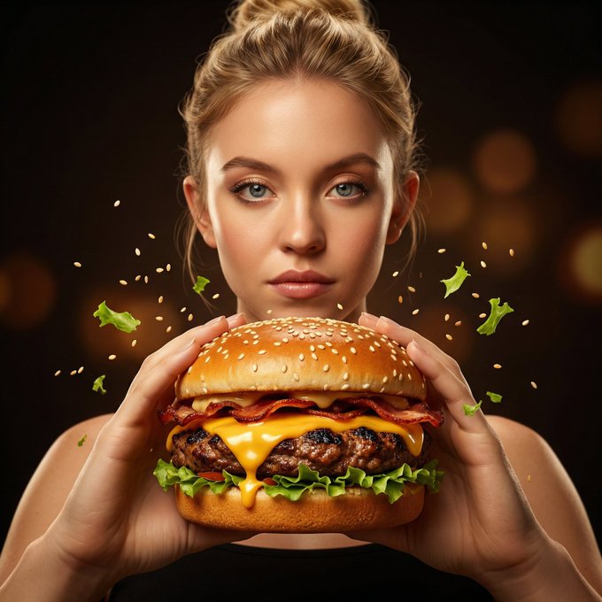 Hyper-realistic fast-food burger ad with a young woman