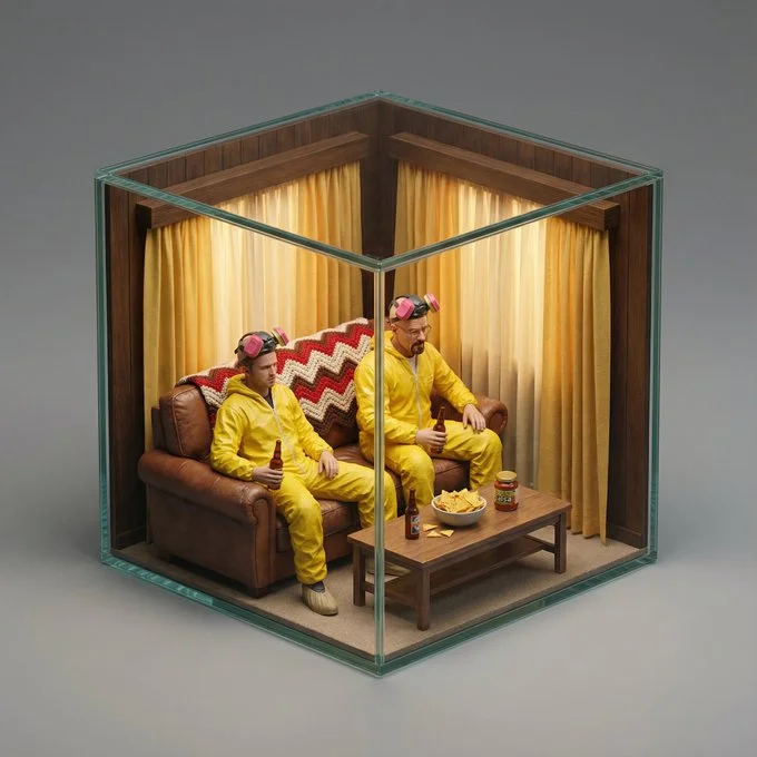 Hyper-realistic Isometric Miniature Diorama Encased in a Cubic Enclosure