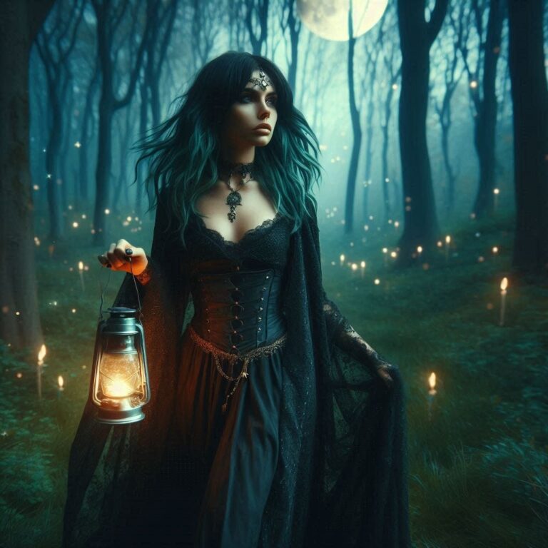Druid Girl in Dark Forest with Fireflies