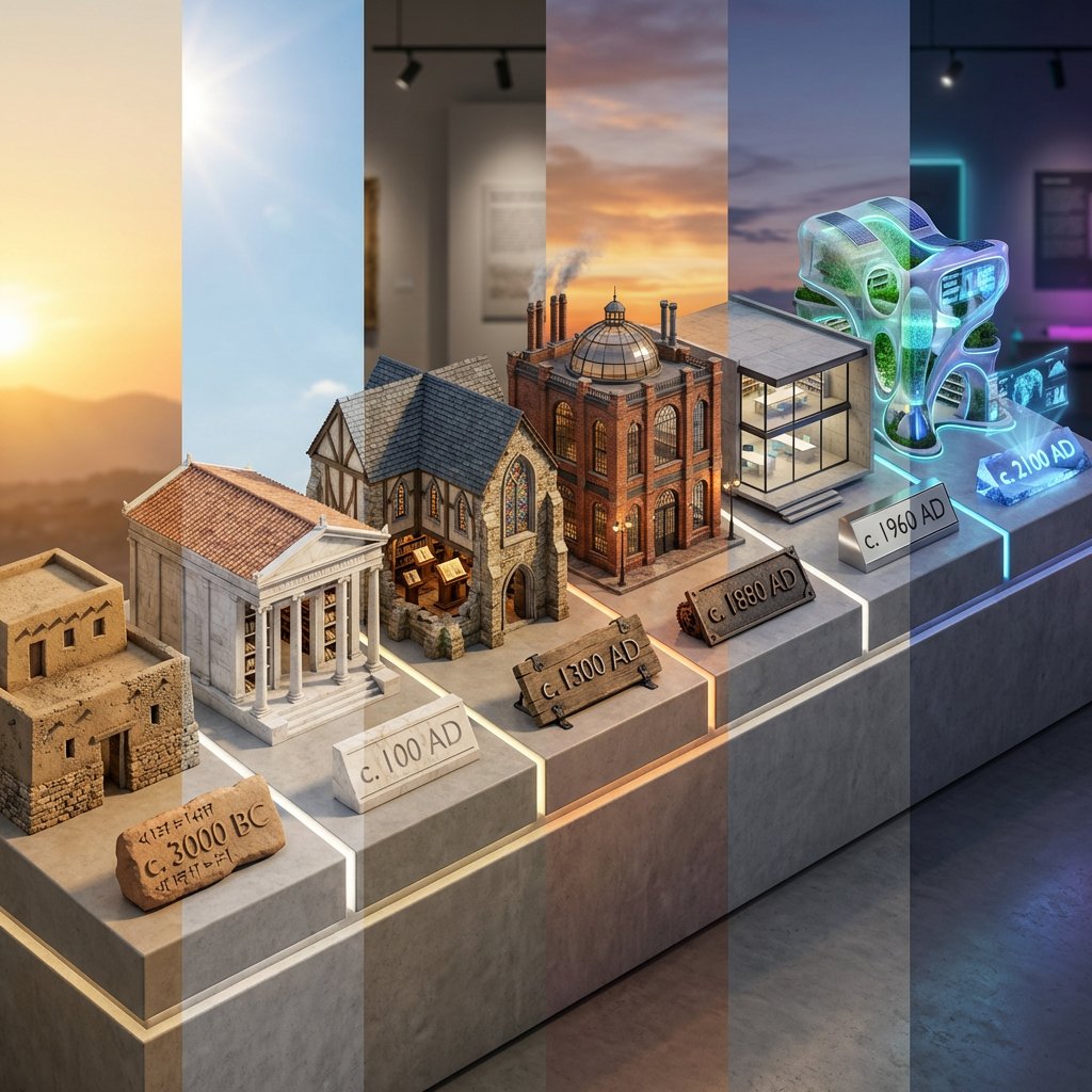 Hyper-realistic Timeline Diorama of Architectural Typology Evolution
