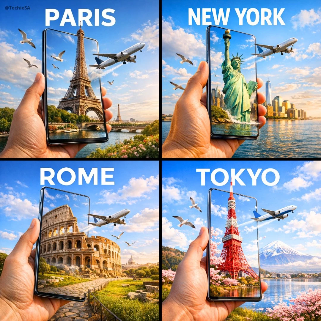 Hyper-realistic Travel Ad with Smartphone Portal Effect