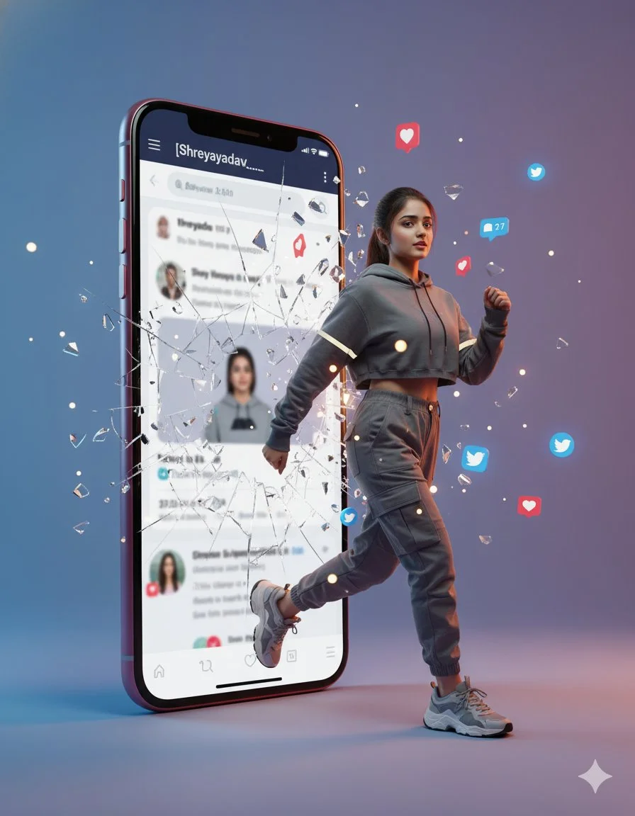 Hyperrealistic Cinematic Photo of a Woman Stepping Out of a Smartphone Screen