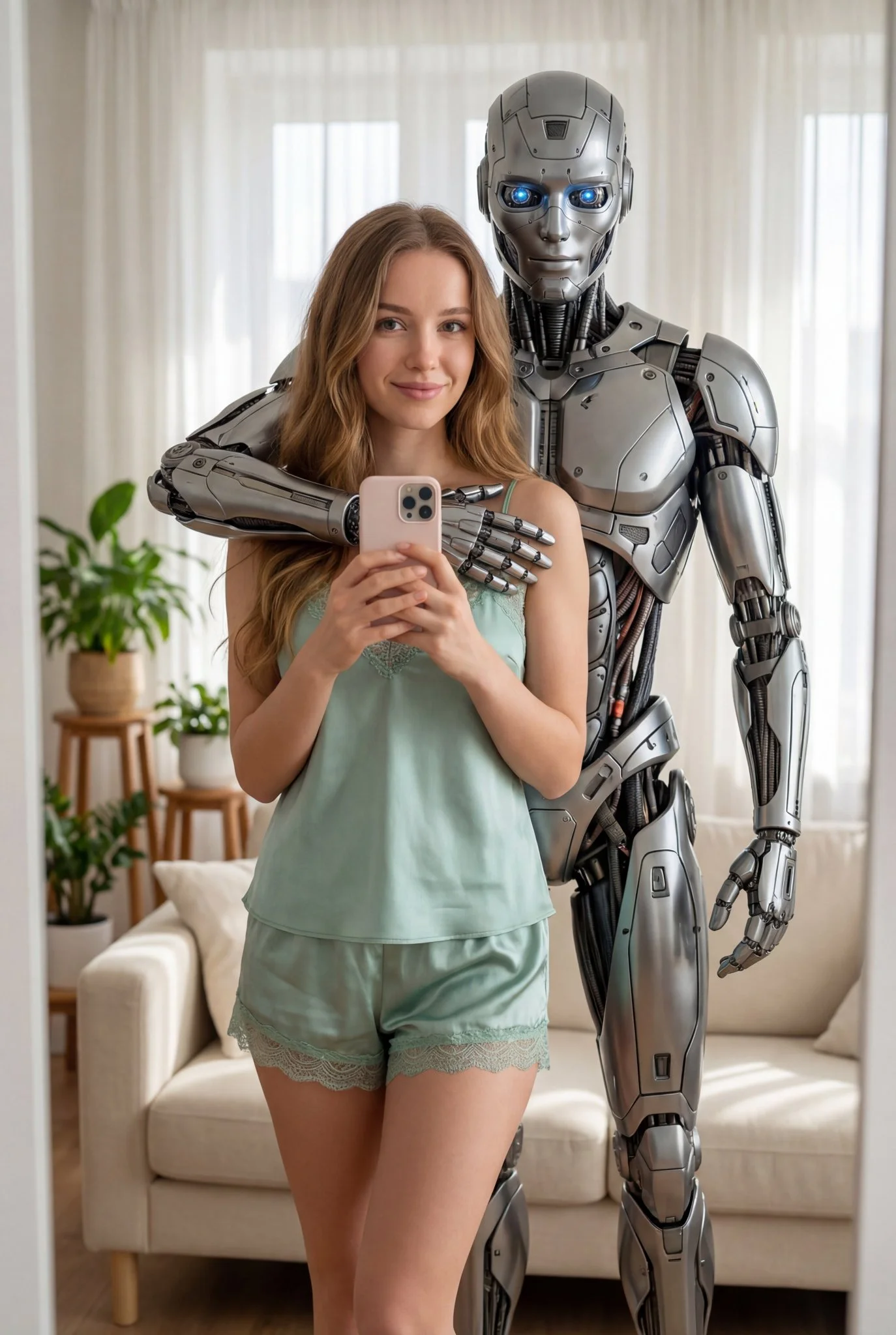 Hyperrealistic 8K Photo: You Standing in a Cozy Living Room with a Futuristic Robot Partner
