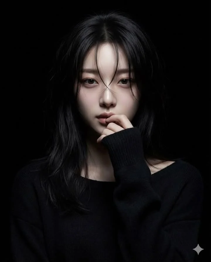Hyperrealistic Realistic-Anime Female Portrait with Black Background, Spotlight on Face Center, Mysterious Moo