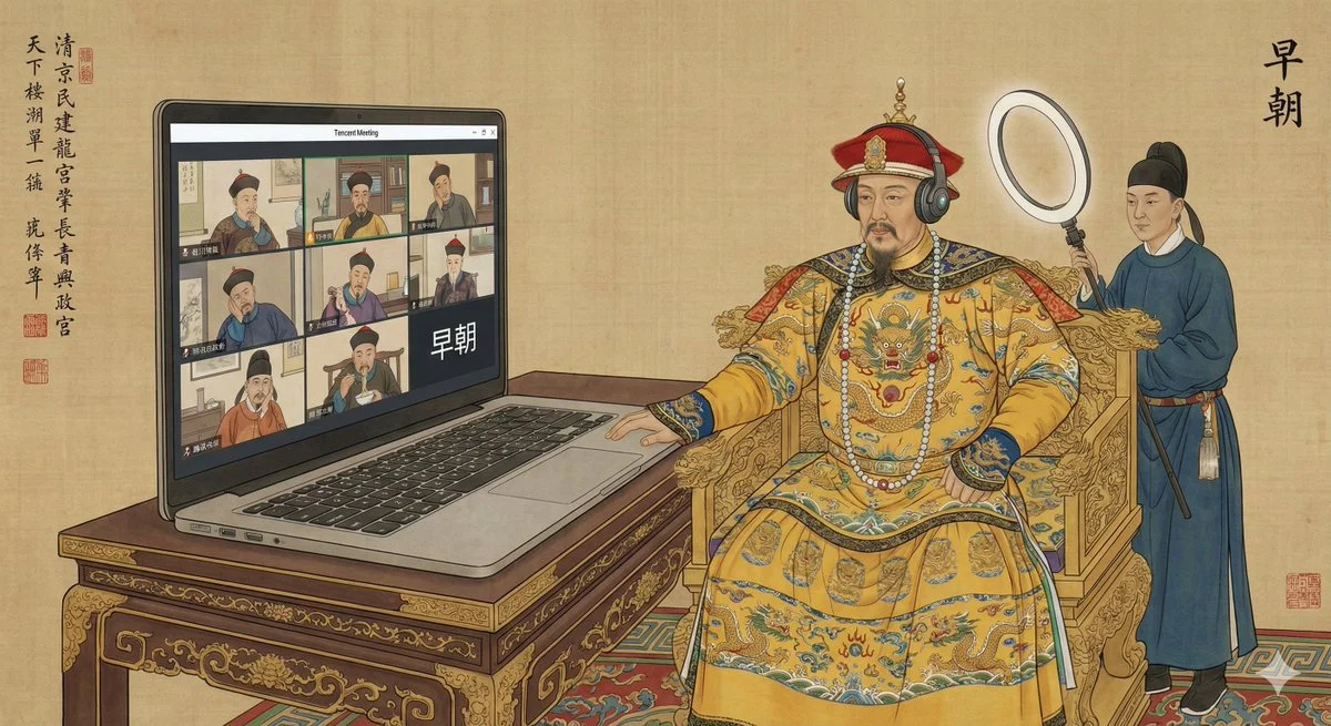 Imperial Qing Dynasty Painting Style with Modern Elements: The Emperor in a 'Tencent Meeting'
