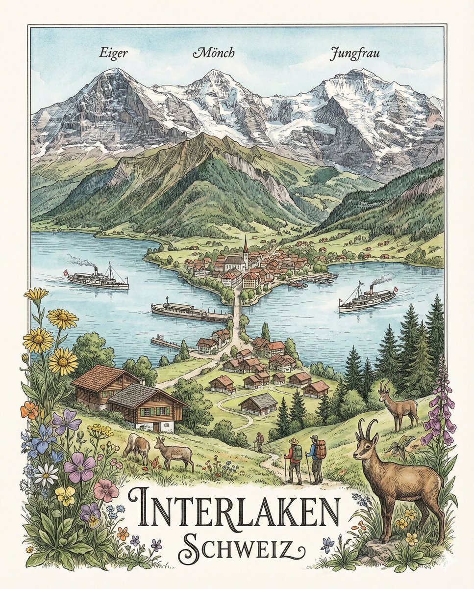 Interlaken Lake Scenery Precision Illustration