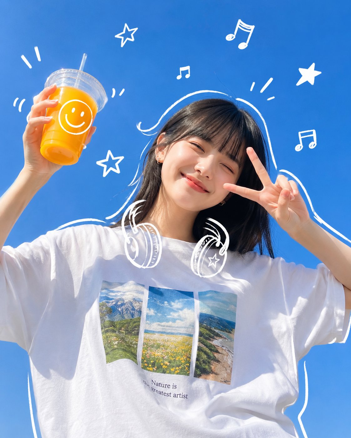 Joyful Woman with Orange Juice and Doodles