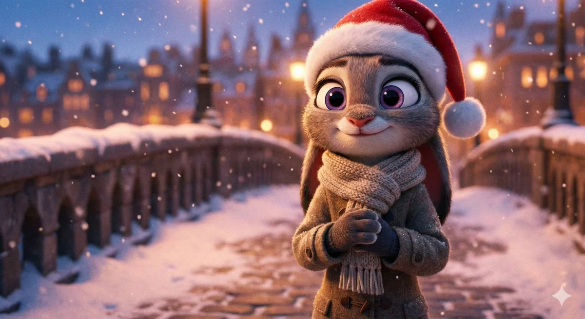 Judy Hopps from Zootopia on a Snow Bridge at Dusk