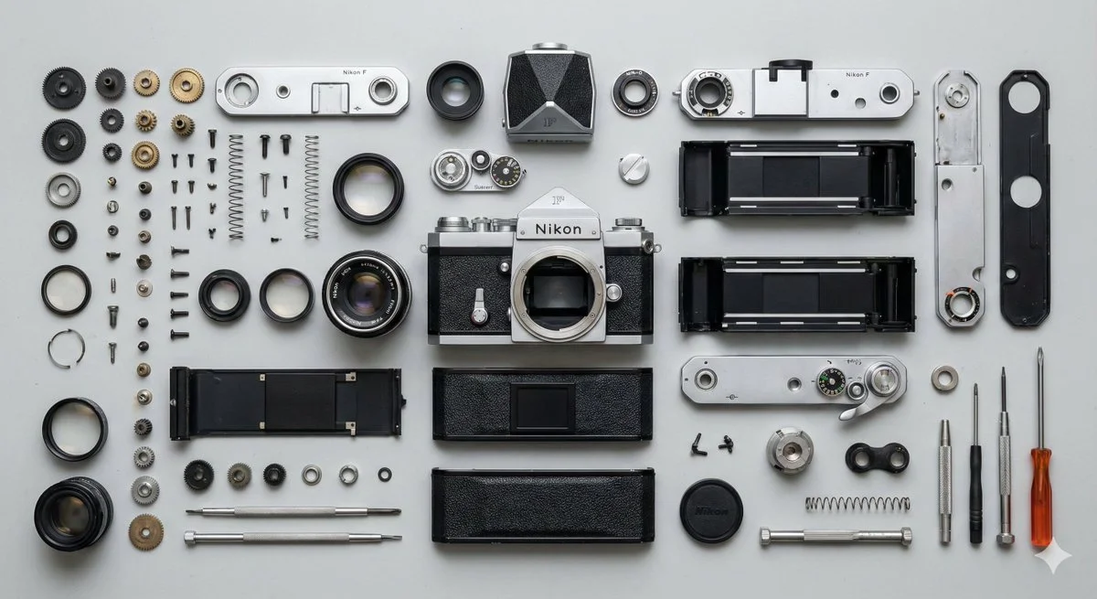 Knolling Photography of Vintage Film Camera Disassembly