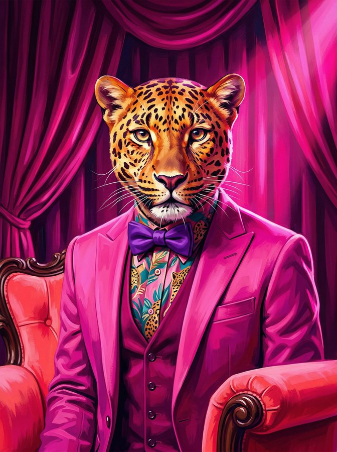 Leopard in Pink Suit Surreal Portrait