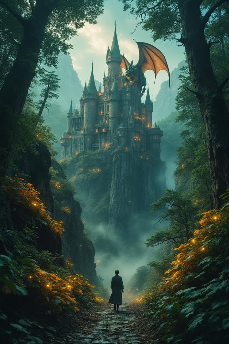 Enchanted Forest with Dragon and Castle