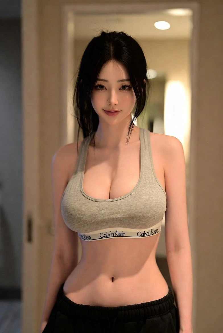 Low-resolution mirror selfie of a young woman, emphasizing body curves