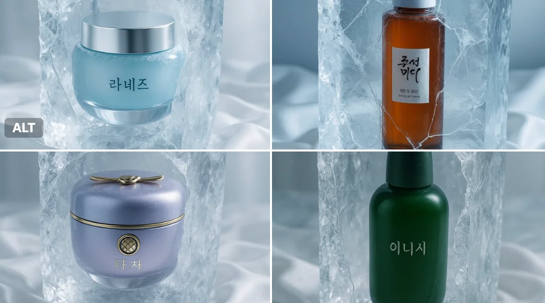 Luxury Korean Skincare Ad Style: Product Suspended in Ice