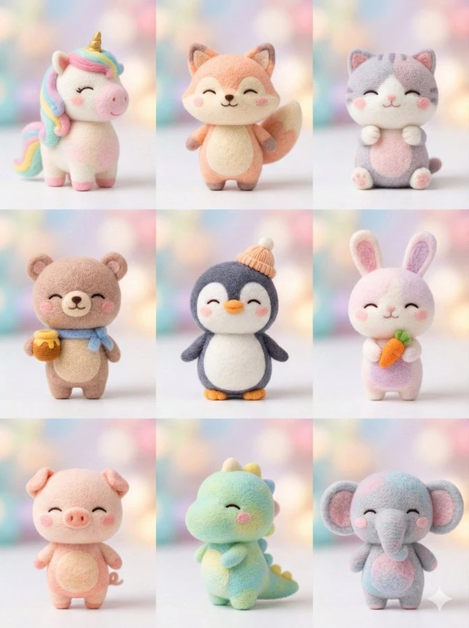 Macro studio shot of wool felt needle felting chibi plush toy theme