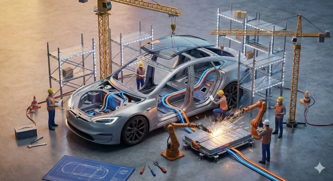 Miniature crew assembling product like a skyscraper