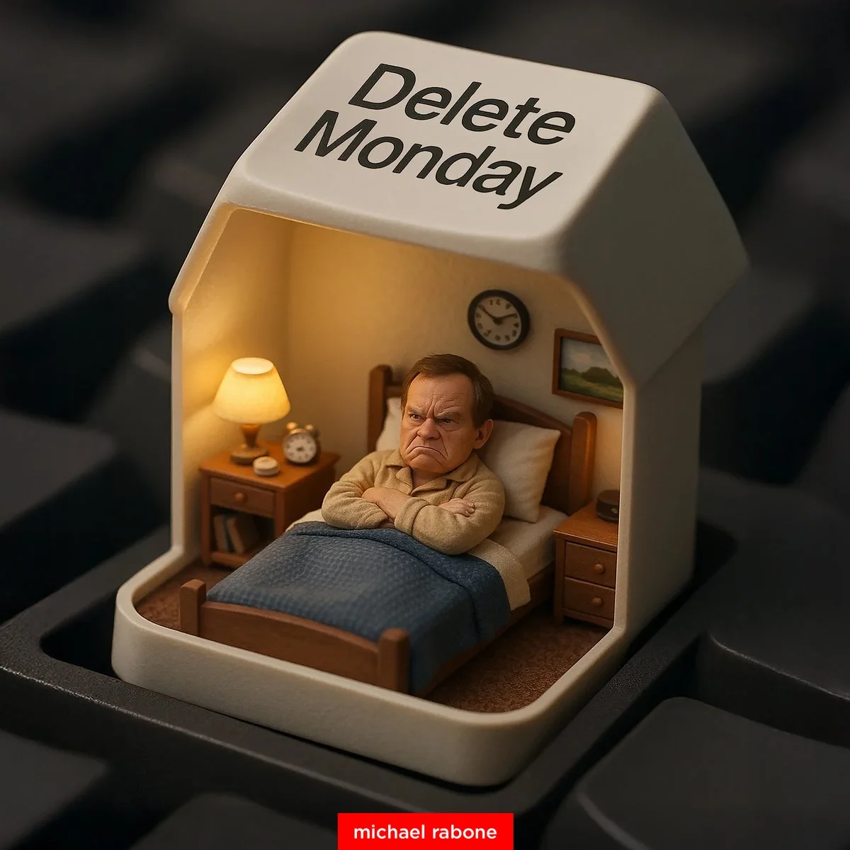 Miniature Person Feeling Cranky in 'Delete Monday' Keycap Bed