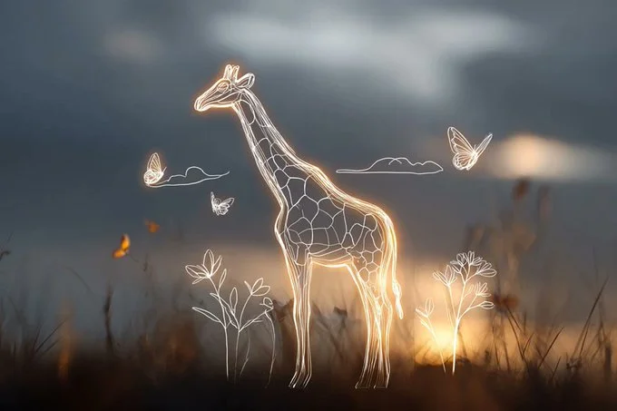 Minimalist Children's Drawing Style [Subject], with Thick White Lines and Glowing Contours