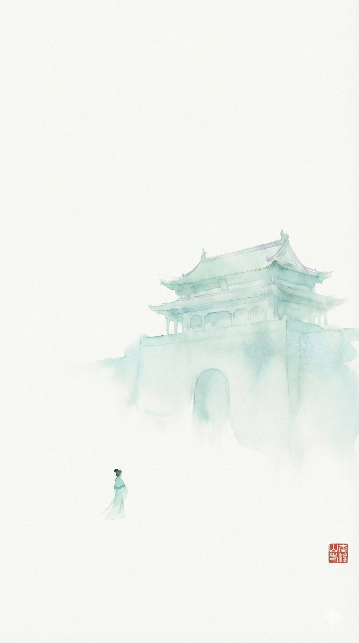 Minimalist Song Dynasty Wide-Angle Painting with Ethereal Jade Green Dancers