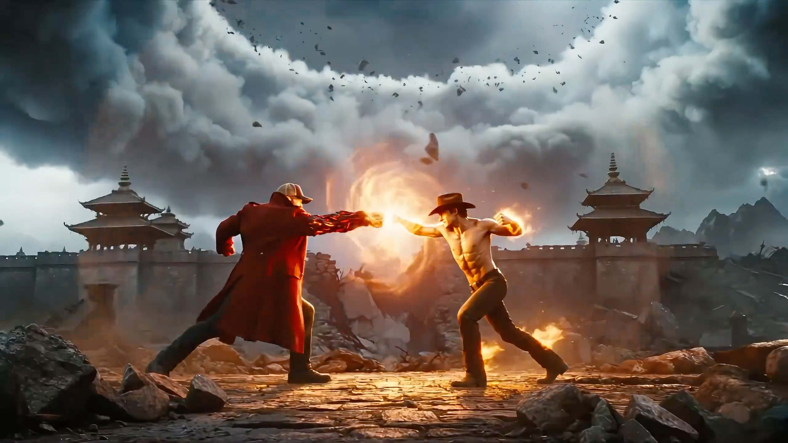 Modern Fantasy Action Movie Scene: Epic Collision of Lava and Flame Elements