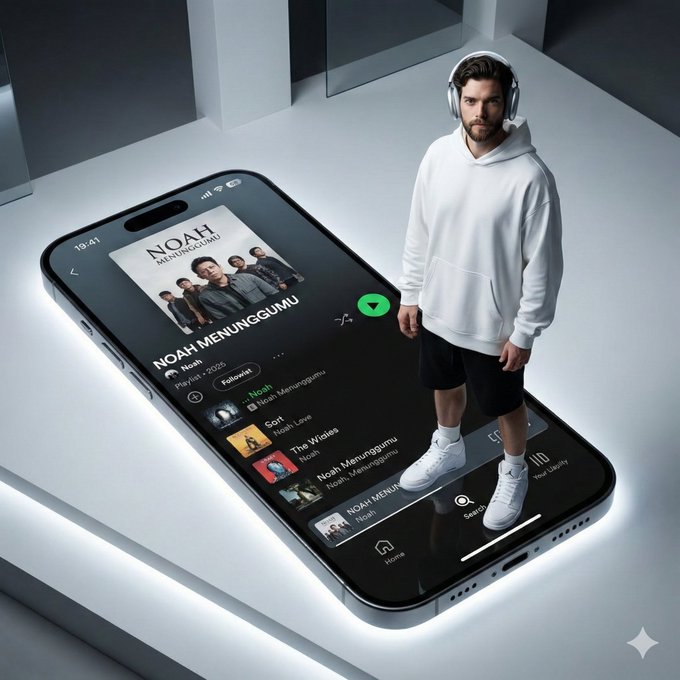 Modern Photo of Woman Standing on Giant iPhone 16 Screen